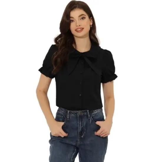 Allegra K Women's Vintage Bow Tie Peter Pan Collar Office Button Up Shirt image {8}