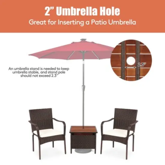 Tangkula 3 PCS Patio Furniture Set PE Wicker Bistro Set w/Acacia Wood Coffee Table & Umbrella Hole for Backyard Garden Poolside image {5}