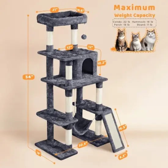 Yaheetech Multilevel Cat Tree with Hammock, Scratching Posts, Condo Perch Ball for Indoor image {2}