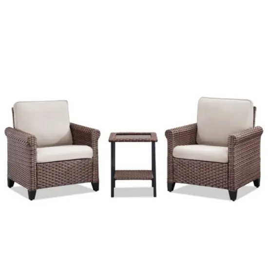 Buenhomino 3-Piece Outdoor Wicker Patio Set, 2 Lounge Chairs & Side Table with Driftwood Rattan & Weather-Resistant Cushions image {1}