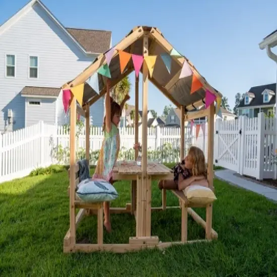 Funphix Kids Klubhouse Wooden Playhouse Outdoor Indoor, DIY Backyard Playhouse with Table & Benches image {4}