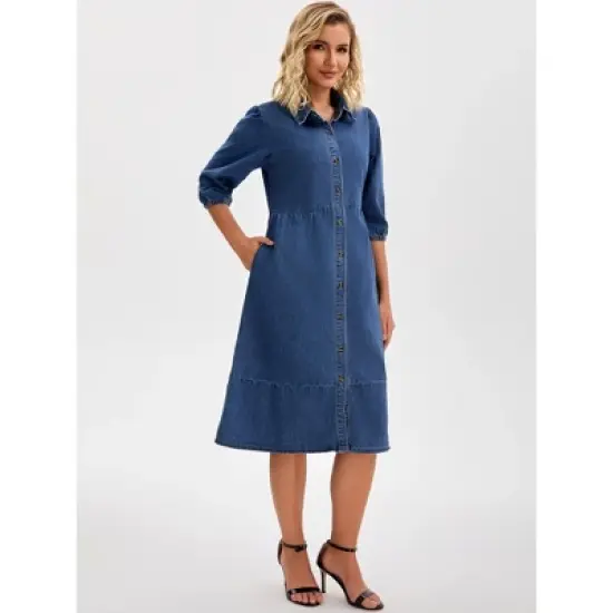 INSPIRE CHIC Women's Puff 3/4 Sleeve Button Up Collar A-Line Swing Ruffle Tiered Midi Denim Dress image {1}