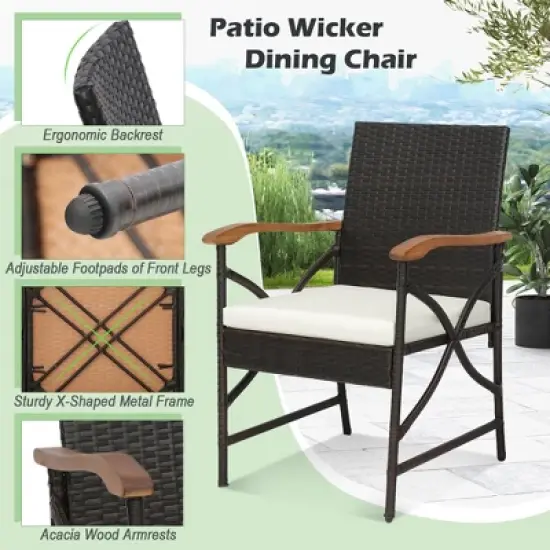 Costway 5PCS Patio Wicker Dining Set Cushion Armchairs Acacia Wood Table with Umbrella Hole image {5}