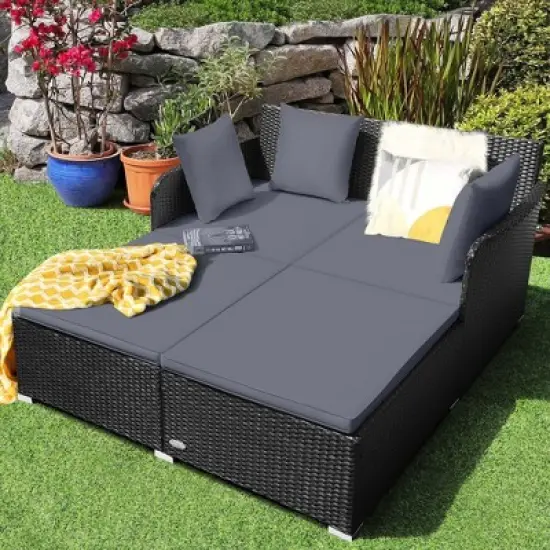 Costway Outdoor Patio Rattan Daybed Pillows Cushioned Sofa Furniture image {3}