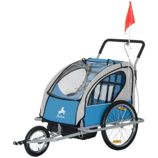 Aosom Elite Three-Wheel Bike Trailer for Kids Bicycle Cart for Two Children with 2 Security Harnesses & Storage image {6}