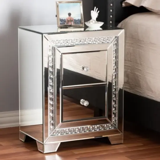 Mina Mirrored 2 Drawer Nightstand Bedside Table Silver - BaxtonStudio image {2}