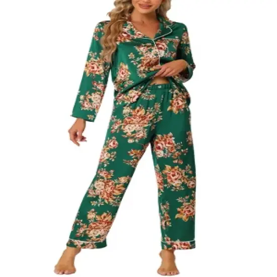 cheibear Women's Satin Floral Button Down Long Sleeve Lounge Set 2 Pcs image {6}
