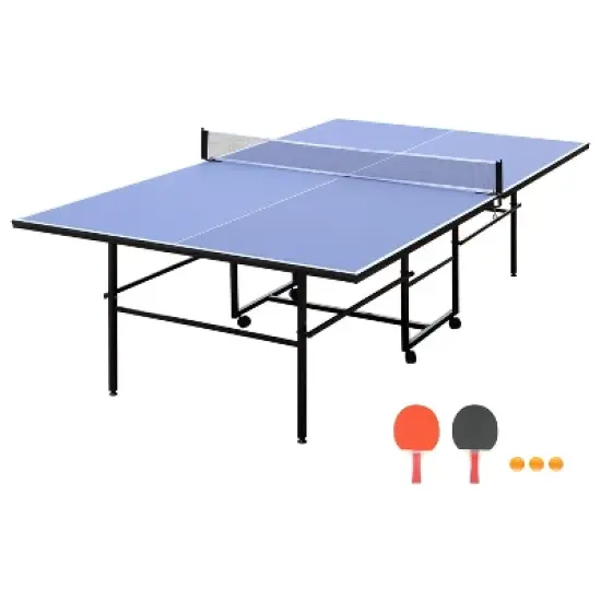 107.87"9ft Mid-Size Table Tennis Table Foldable & Portable Ping Pong Table Set for Indoor Games with Net, 2 Table Tennis Paddles,Blue image {2}