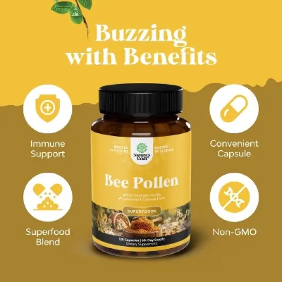 Bee Pollen Supplement 1000mg, Pure Bee Pollen Capsules, Immune System & Allergy Support, Natural B-Vitamins Minerals & Enzymes, Nature's Craft, 120ct image {2}