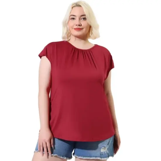 Agnes Orinda Women's Plus Size Round Neck Ruched Short Sleeve Summer Casual Blouses image {7}