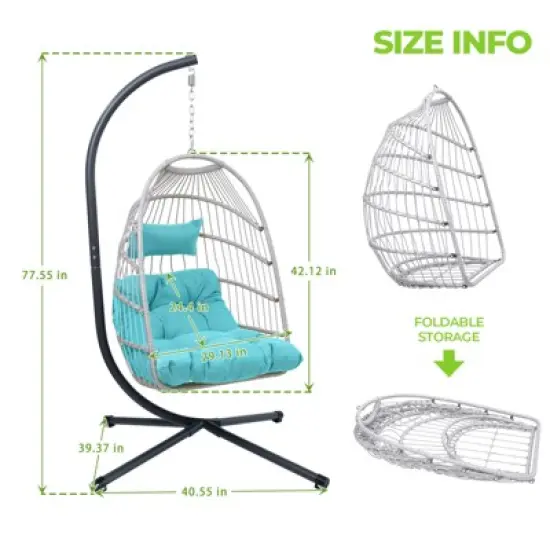 DOMETOUR Outdoor Egg Hanging Chair with Stand, Patio Wicker Swing Egg Chair Indoor Swinging Chair Outdoor Hammock Egg Chair BLUE image {10}