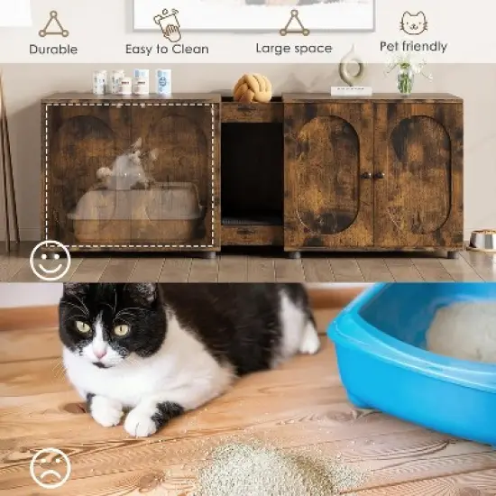 55.1" Double Cat Litter Box Enclosure with Rattan Doors - Hidden Cabinet for 2 Cats, Odor Control & Litter Mat image {4}