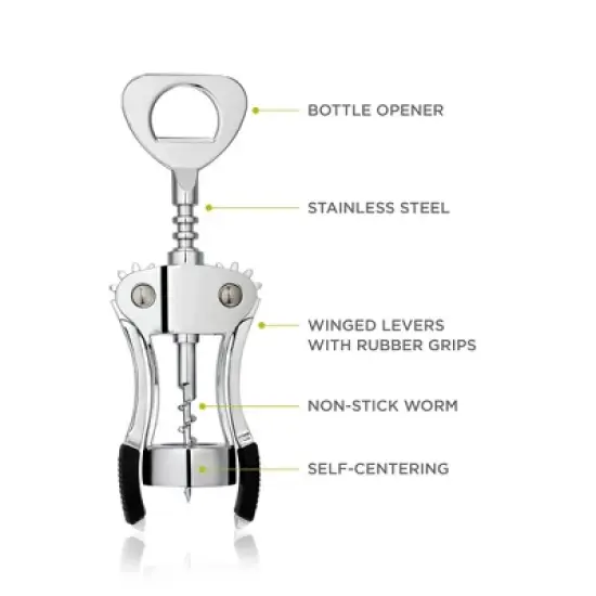 True Spiral Winged Corkscrew, Self Centering Worm, Bottle Opener, Rubber Grip Arms, Silver Finish image {1}