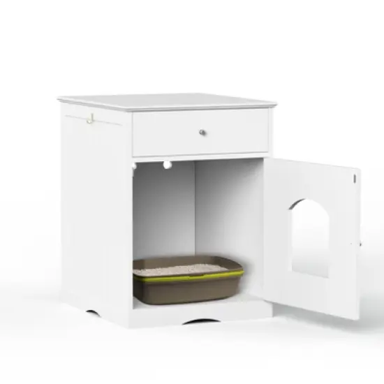DSVIMOY Wooden Pet House, Cat Litter Box Enclosure with Drawer, Side Table, Indoor Pet Crate, Cat Home Nightstand, White, 18.9"*20.9"*25" image {3}