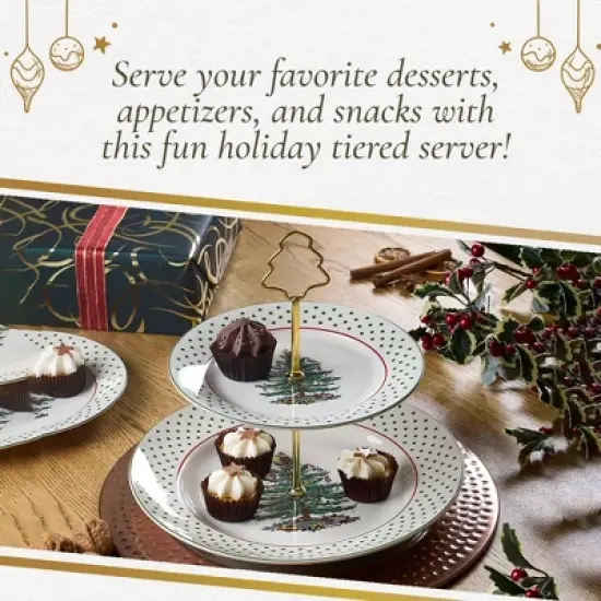 Spode Christmas Tree 2-Tiered Server (8" & 10") - Polka Dot Tiered Tray, Festive Tableware with Gold Handle, Durable Stoneware - Dishwasher Safe image {4}