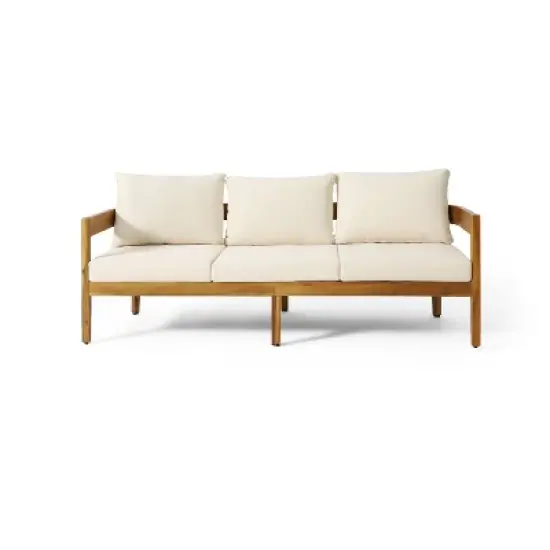 Brooklyn Outdoor Acacia Wood 3 Seat Sofa with Cushions Teak/Beige - Christopher Knight Home: Weather-Resistant Patio Furniture image {8}