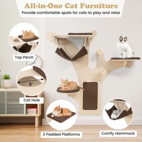 Tangkula Wall-Mounted Cat Tower w/ Perch Hammock Sisal Scratching Posts & Mat Cushions image {9}