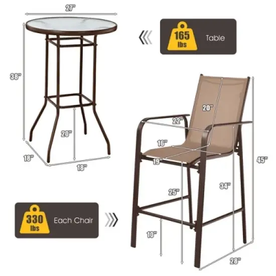 Costway 3 PCS Outdoor Patio Bar Table Stool Set Height Tempered Glass Top image {3}