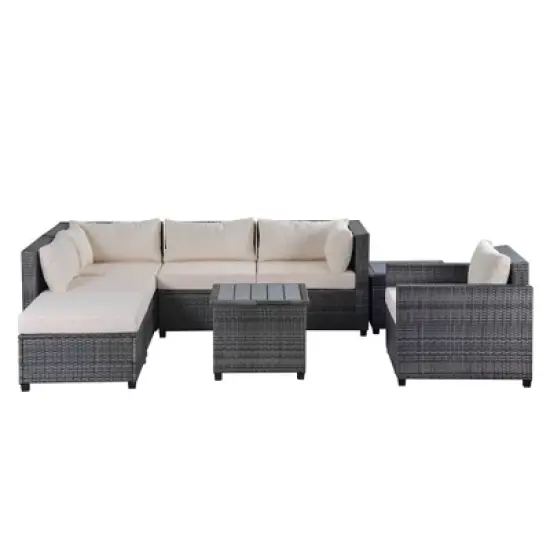 8pc Wicker Patio Conversation Set with Cushions - Beige - GODEER image {7}