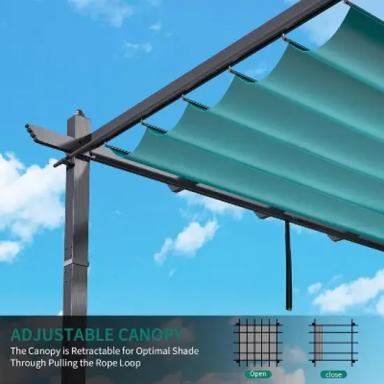 Retractable Outdoor Pergola, Weatherproof Aluminum Frame with Adjustable Blue Canopy & 4 White Curtains, Wood-Look Patio Shelter image {4}