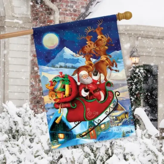 Santa's Sleigh Christmas House Flag Toy Sack Reindeer 28" x 40" Briarwood Lane image {3}