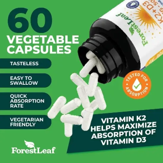 Forest Leaf K2 + D3 100 MCG - 5000 IU Formula, Supports Immune System, Bone & Heart Health - 60 Caps image {6}