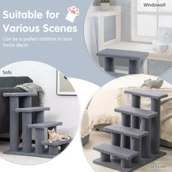 Tangkula 24" 4-Step Pet Stairs Carpeted Ladder Ramp 8 Scratching Post Cat Tree Climber image {5}