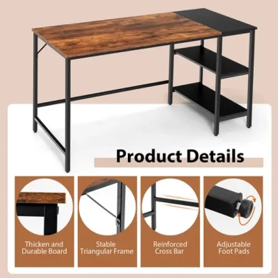 Costway 55'' Computer Desk Writing Workstation Study Table Home Office with Bookshelf Black/Rustic image {8}