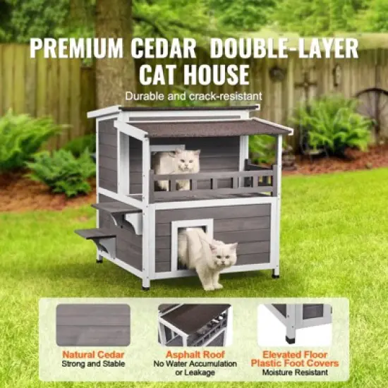 VEVOR Outdoor Cat House Weatherproof, Feral Cat Shelter for Multiple Cats, 2-story Large Outdoor Wooden Cat House with Balcony, Doors,PVC Door Flaps image {2}