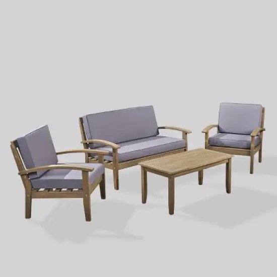 Peyton 4pc Acacia Wood Seating Set Gray/Dark Gray - Christopher Knight Home: Outdoor Conversation Furniture, Weather-Resistant Cushions image {1}