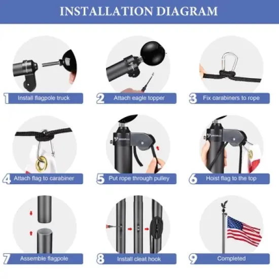 Yescom 20 Ft Aluminum Sectional Flag Pole Kit Eagle Topper Black image {5}