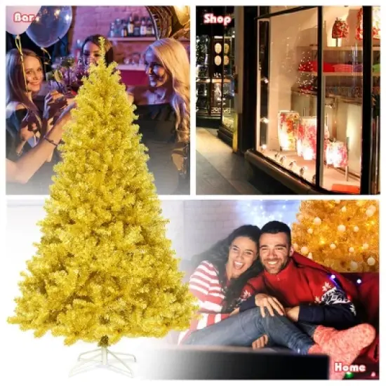 Costway 7.5Ft Hinged Unlit Artificial Tinsel Christmas Tree Holiday,Silver ,Gold image {4}