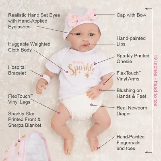 Paradise Galleries Reborn Baby Doll in Silicone-like Vinyl, 19 inch Newborn Girl Baby Bundles: Born To Sparkle, 7-Piece Ensemble image {4}