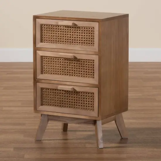 Baden Wood with Rattan 3 Drawer Nightstand Walnut Brown - Baxton Studio image {10}
