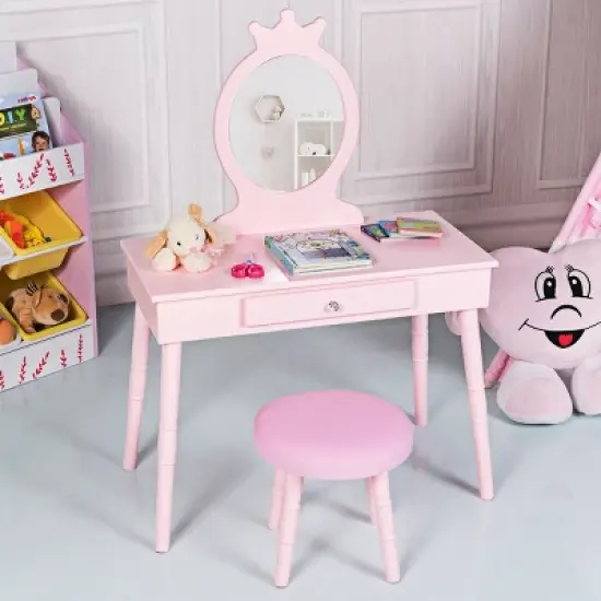 Costway Kids Vanity Makeup Table & Chair Set Make Up Stool Play Set for Children image {10}