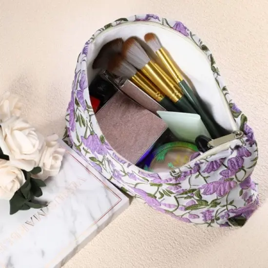 Unique Bargains Travel Canvas Floral Zipper-Closure Purple 1 Pc image {2}