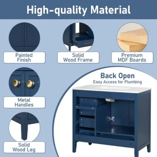 Christopher Knight Home Bathroom Vanity with Ceramic Sink, Bathroom Cabinet with Soft-Closing Door, Drawers of Different Sizes, Solid Wood Frame & Leg image {3}