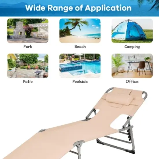 Tangkula Portable Beach Chaise Lounge Chair Folding Reclining Chair w/ Facing Hole Beige image {7}