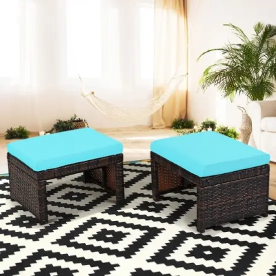 Costway 2PCS Patio Rattan Ottoman Cushioned Seat Foot Rest Furniture Turquoise\Red\White image {11}