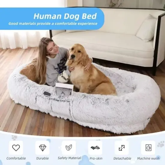 71"Gray Best Human Sized Dog Bed Pet And Human Friendly Pet Beds Lazy Sofa,Washable Faux Fur Giant Human Dog Bed For People Doze Off-Cuddlewood image {2}