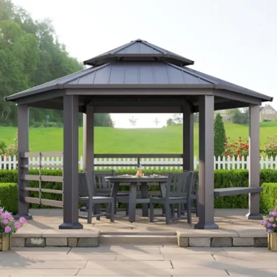 AMERLIFE 13x15FT Hardtop Hexagon Gazebo, Double-Tier Pavilion with Bench, Patio/Garden/Backyard image {9}
