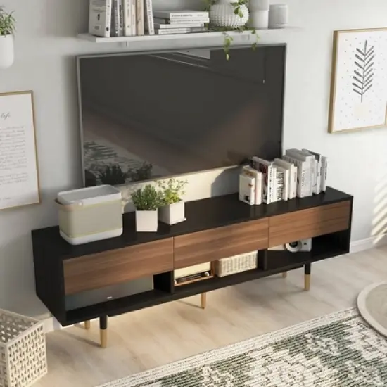 Vanore Mid-Century 3 Drawer TV Stand for TVs up to 80" Black - HOMES: Inside + Out image {3}