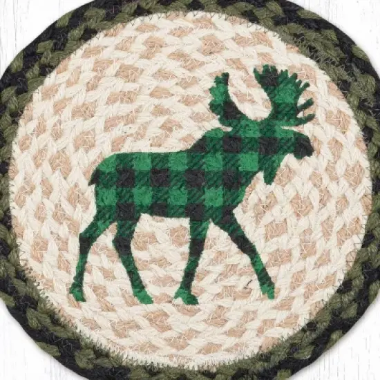Earth Rugs Green Plaid Moose Printed Round Jute Trivet &ndash; 10" Rustic, Heat-Resistant Eco-Friendly Braided Design image {2}