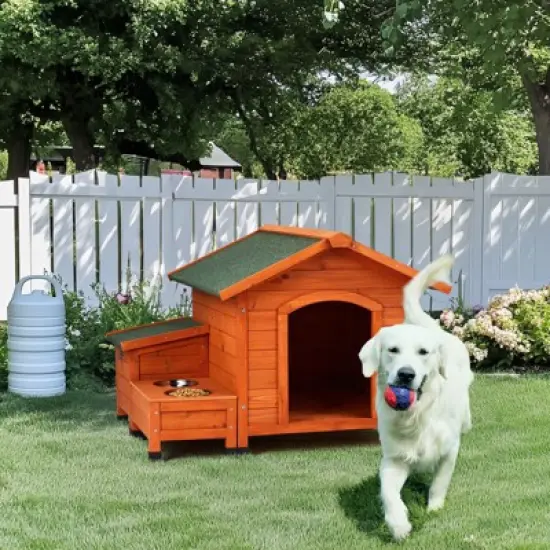 SEVOBAL Pet Crates and Houses Premium Wooden Dog House, Spacious Indoor, Outdoor Shelter with Food Storage, Feeding Station, Orange, 35.8"*29.1"*7.5" image {1}