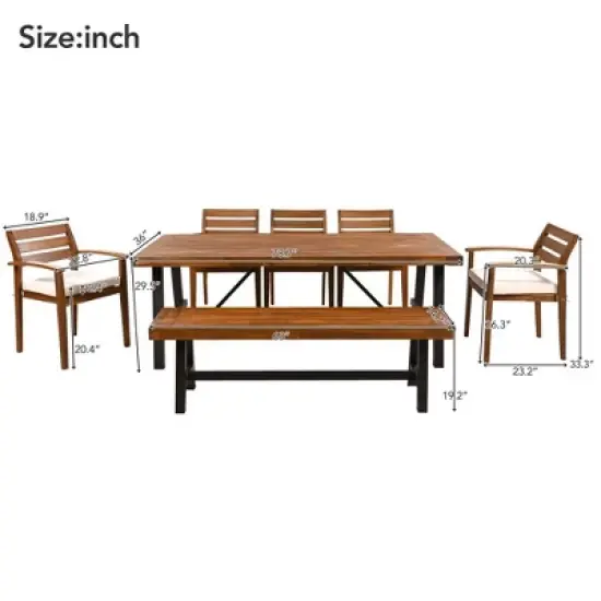 Whisen Outdoor Wood Dining Set, Outdoor Dining Furniture With Removable Cushions, 5 Arm Chairs and 1 Bench - Natural image {11}