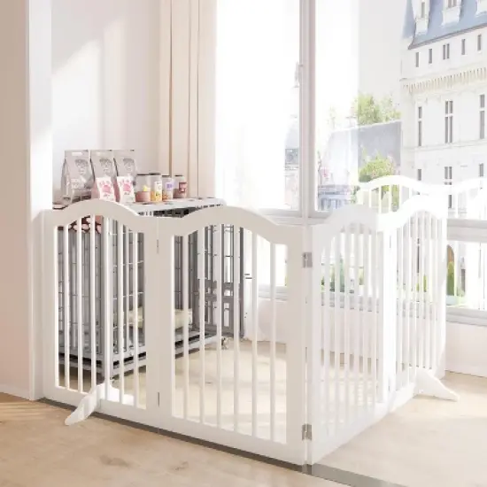 KWPZQEB Wooden Freestanding Foldable Pet Gate, 27.6" 4 Panels Step Over Fence with 2 pcs Support Feet Ideal for Stairs, Doorways, Kitchens, White image {9}