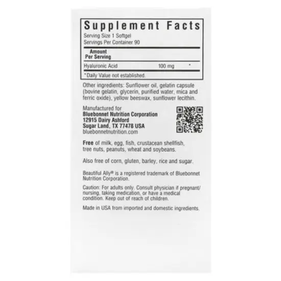 Bluebonnet Nutrition Beautiful Ally, Hyaluronic Acid, 100 mg, 90 Softgels image {1}