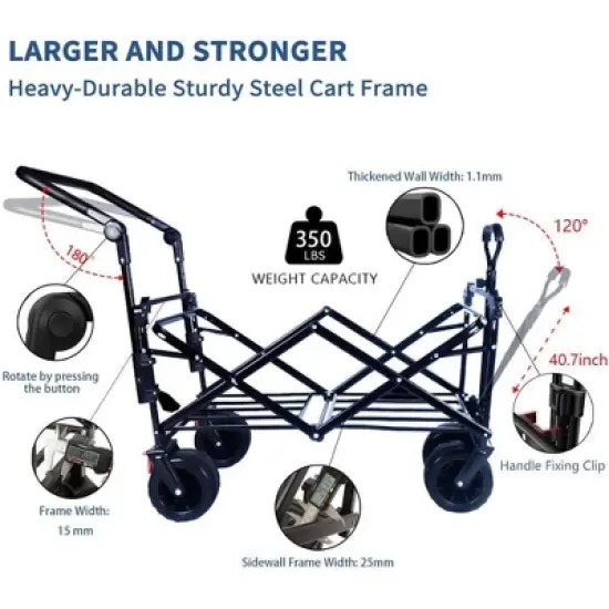 DOMETOUR Collapsible 140L Wagon Cart with Removable Canopy, All-Terrain Wheels & Brake, Foldable with Cooler Bag for Camping, Beach, Shopping image {3}