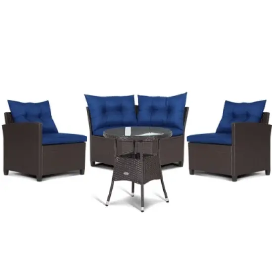 Tangkula 4PCS Wicker Patio Sofa Set Rattan Outdoor Furniture Set w/ Navy Cushions image {1}
