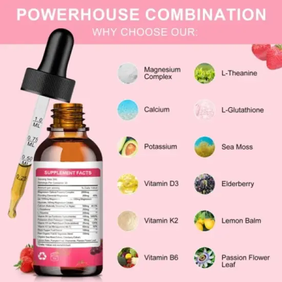 Mulittea High Potency Magnesium Glycinate Liquid Drops - Promotes Relaxation, Muscle, Sleep - 60ml (Strawberry Flavor) image {1}